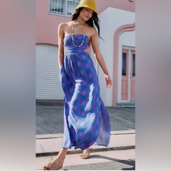 Free People Dresses & Skirts - Free People Women Payton Maxi Dress Strapless Blue Pink Printed Dress Size M